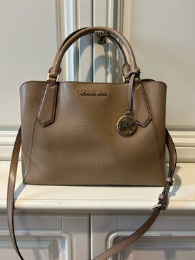 Michael Kors Taupe Pebbled Leather Satchel with Gold MK Charm